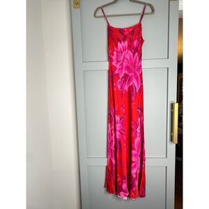 Farm Rio Red Pink Floral Print Maxi Slip Dress Size Medium Sleeveless Tropical